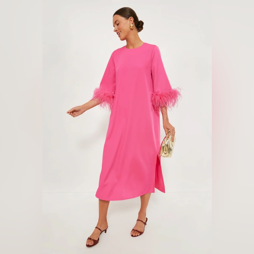 Tuckernuck Jamie Feather-Trim Midi Dress in Hot Pink